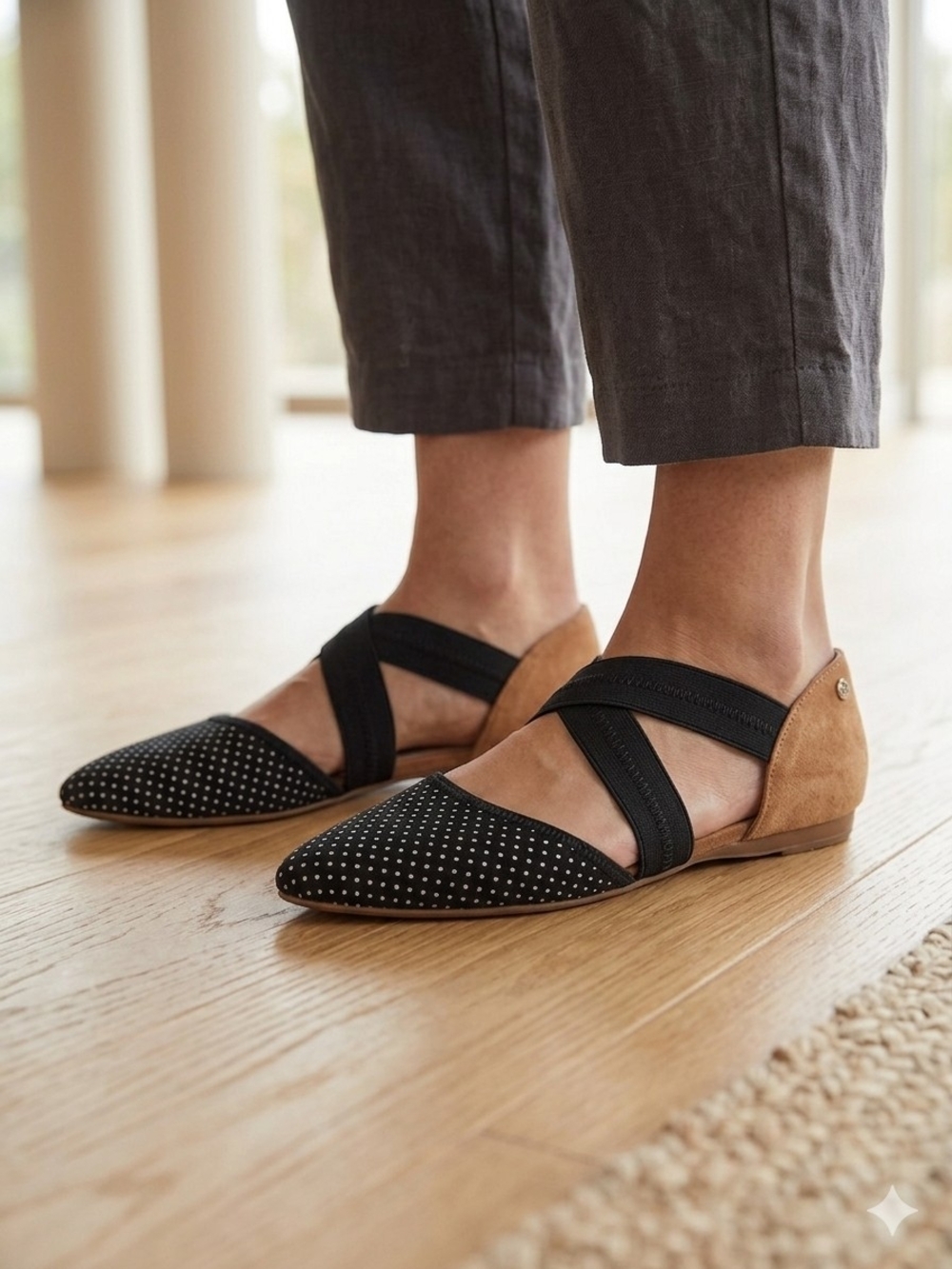 Betabrand Pointed Toe Two-Tone Flat Shoes - Black and Tan